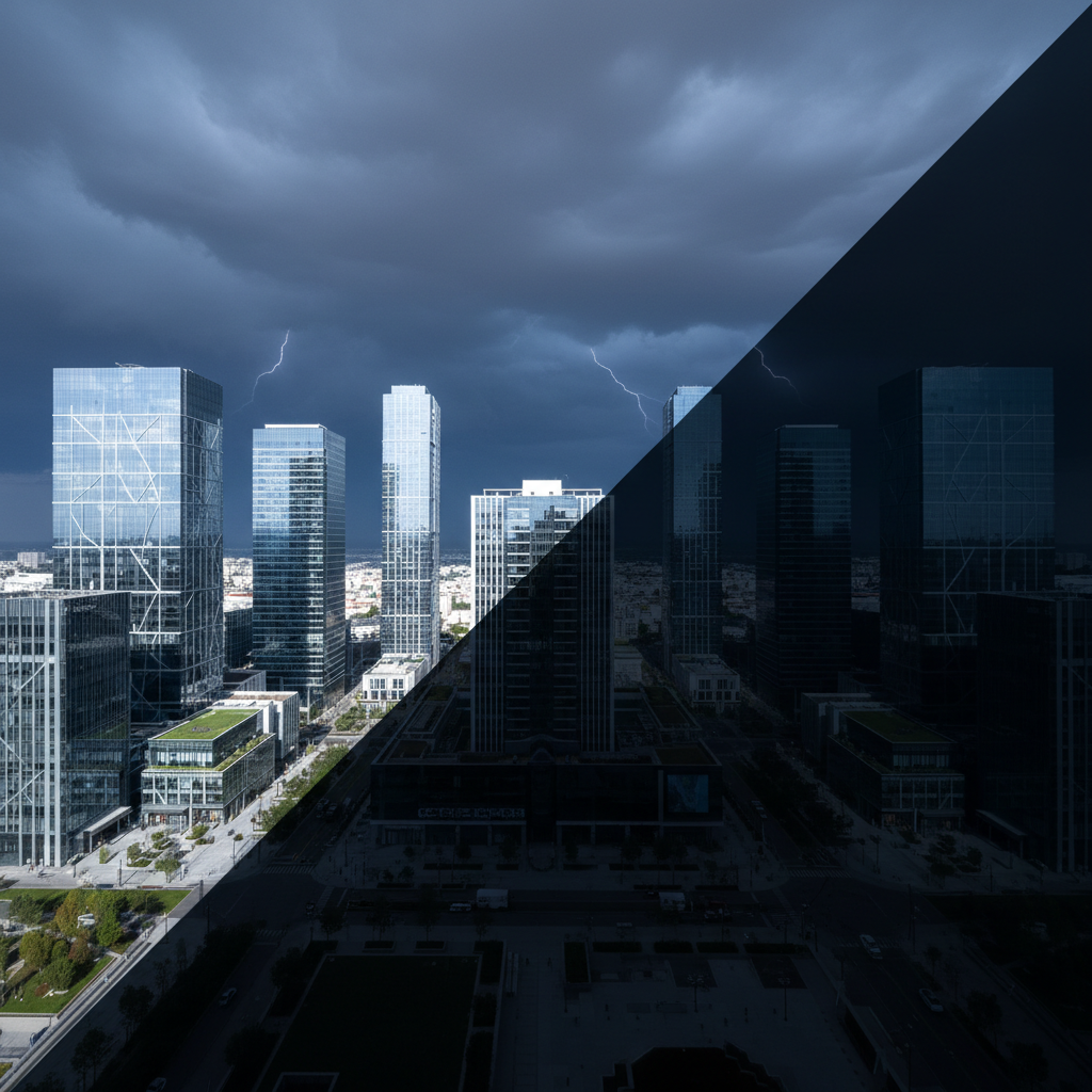 Aerial view of a coastal commercial district with dark storm clouds gathering, highlighting the tension between valuable real estate and climate risk.