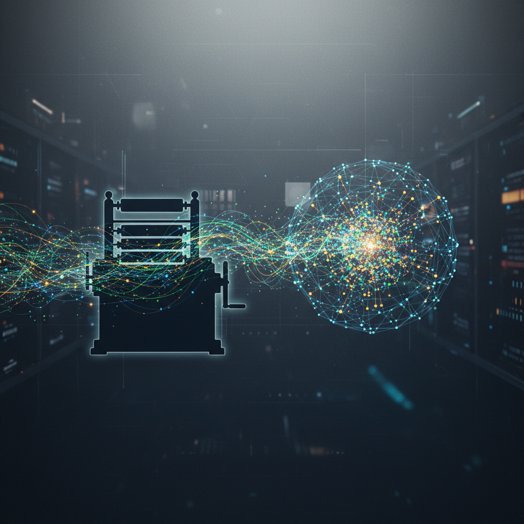 An abstract illustration showing streams of glowing data forming the shape of a traditional printing press, converging into a neural network node against a dark background.