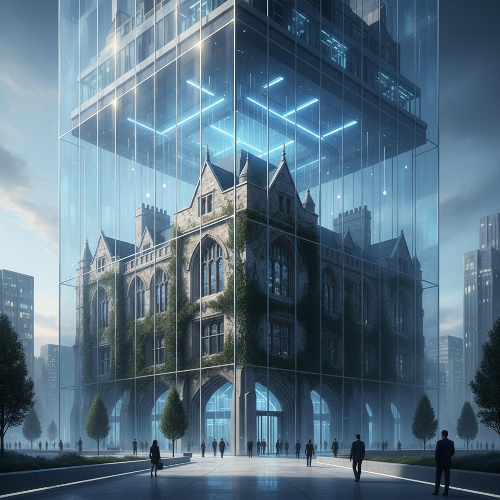 A traditional university building reflecting in the glass facade of a modern corporate skyscraper.