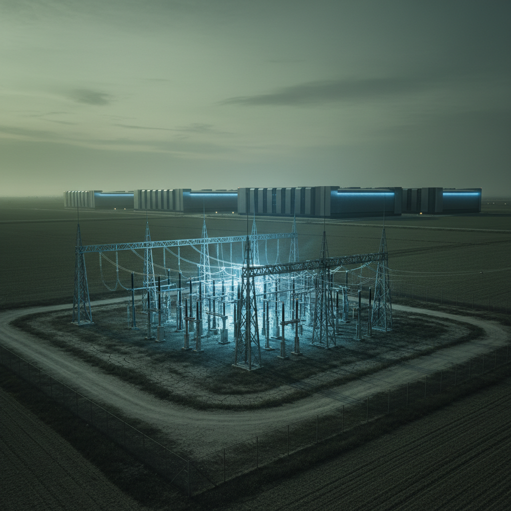 A glowing electrical substation towering over a barren field, surrounded by stark, modern server farms.