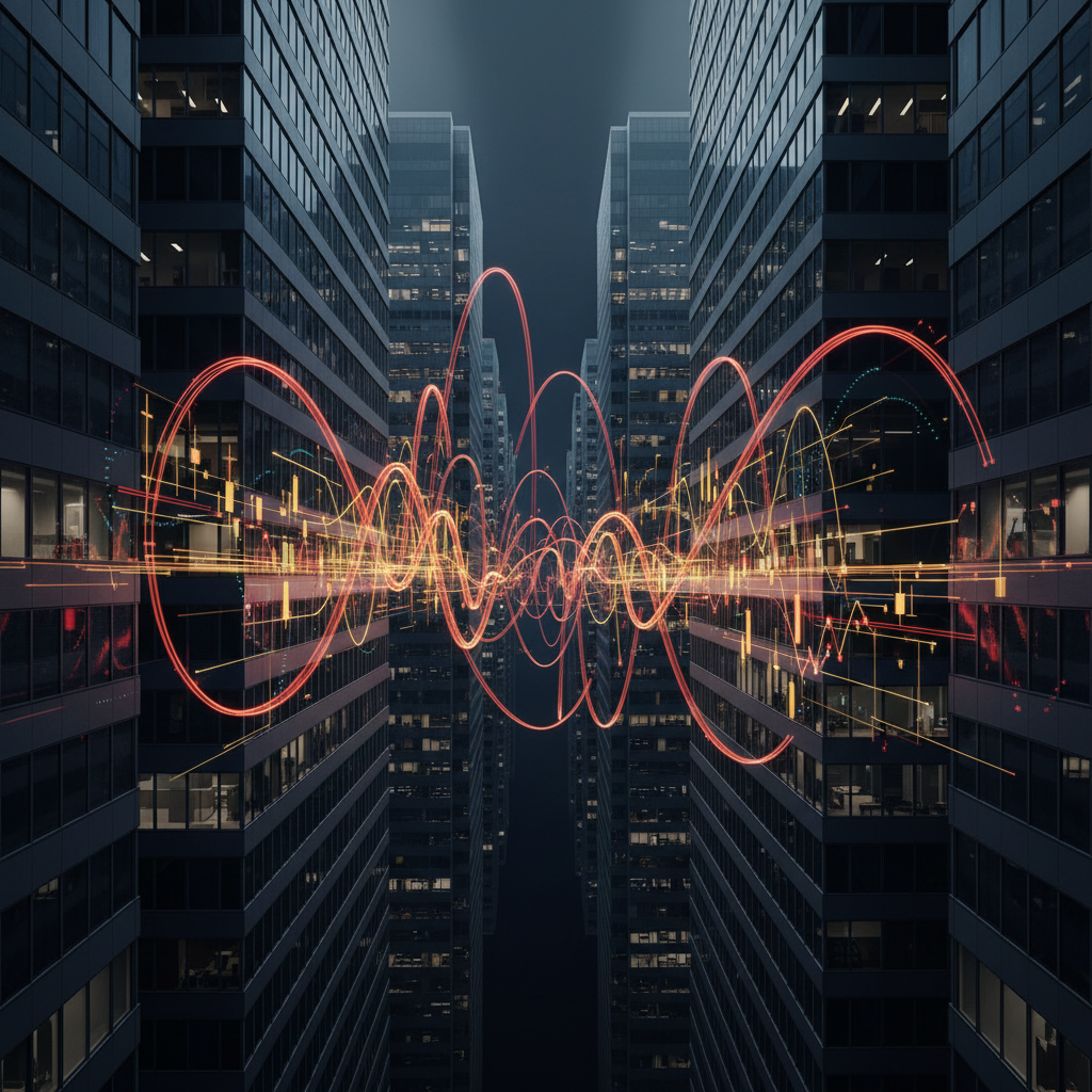 A photorealistic illustration of corporate skyscrapers reflecting infinitely into each other, connected by glowing financial charts.
