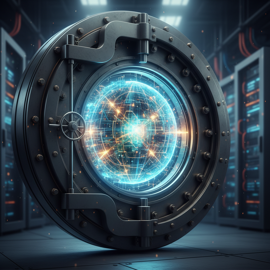 A photorealistic editorial illustration of a glowing algorithmic core encased in heavy steel bank vault doors, viewed from a low angle.