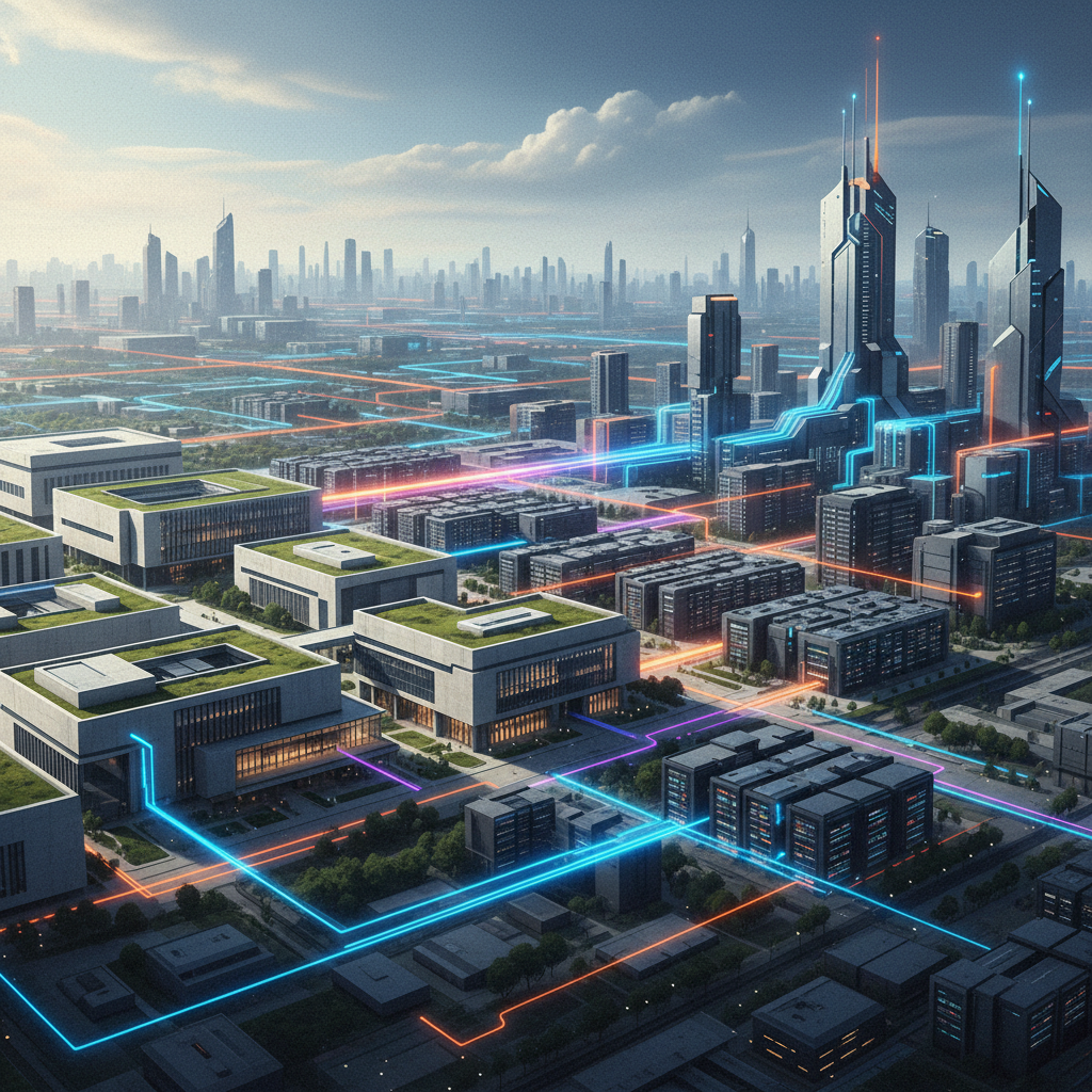 An aerial view of a modern university campus merging seamlessly into a massive industrial tech complex, with glowing circuitry lines connecting the academic buildings to the corporate structures.