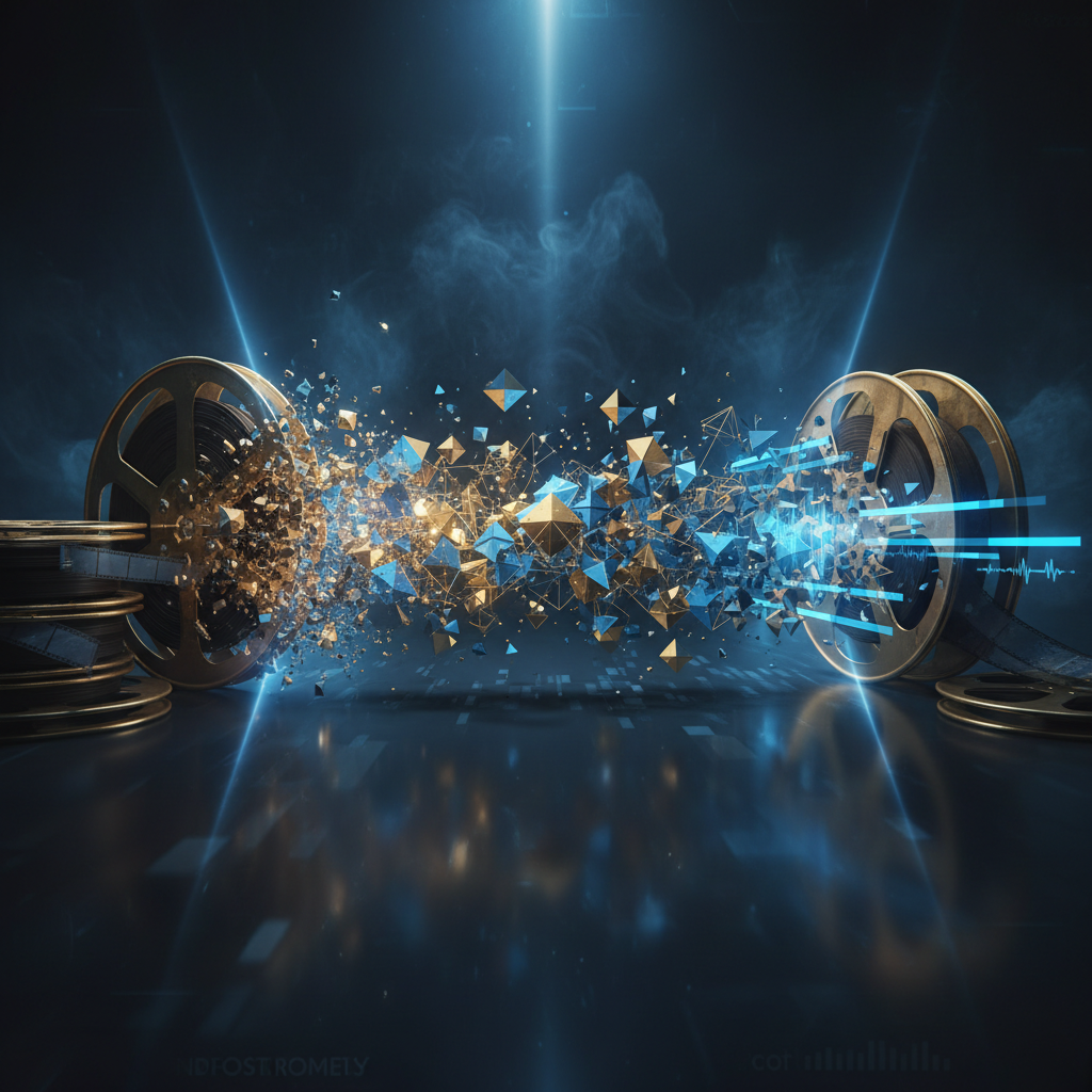 An abstract illustration of film strips turning into digital code and financial charts, set against a dark, moody background with sharp corporate lighting.