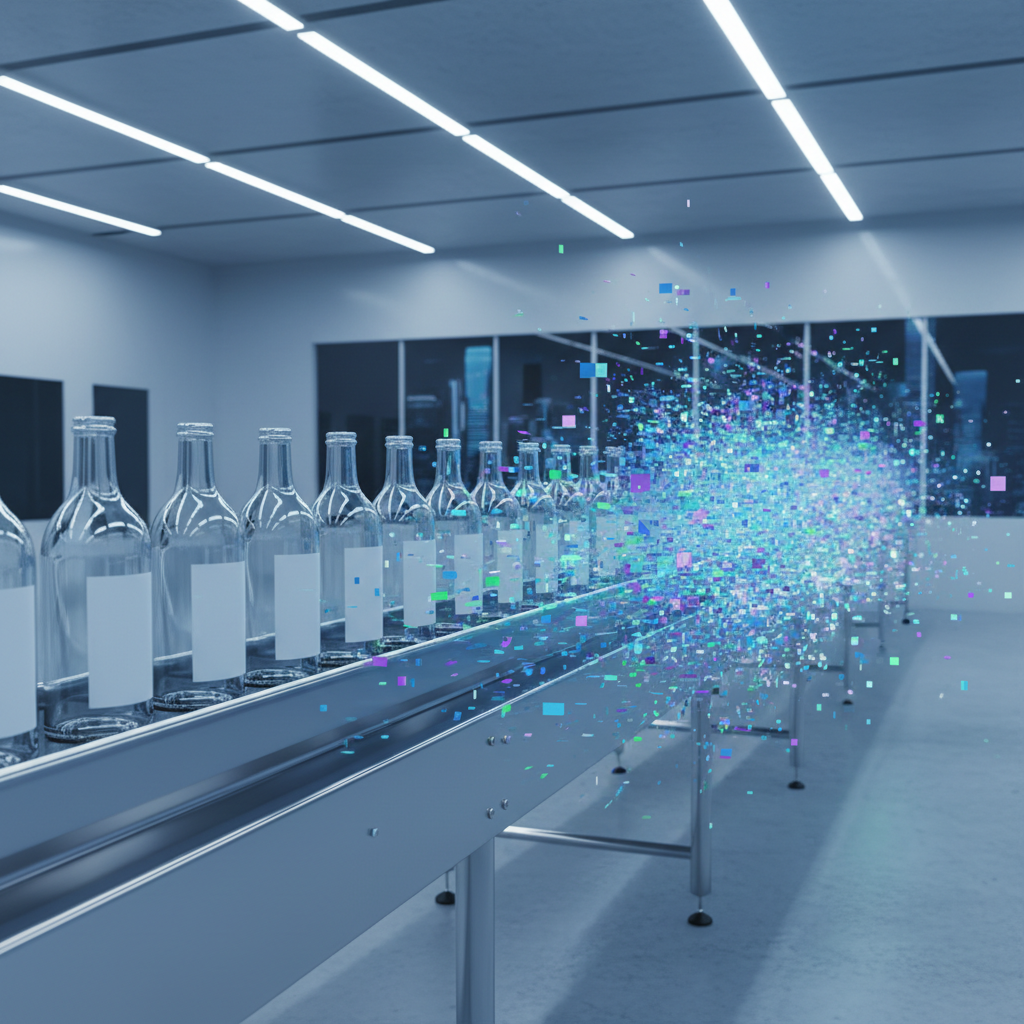 A sleek, sterile assembly line producing blank, unbranded bottles that fade into digital static at the end of the conveyor belt.