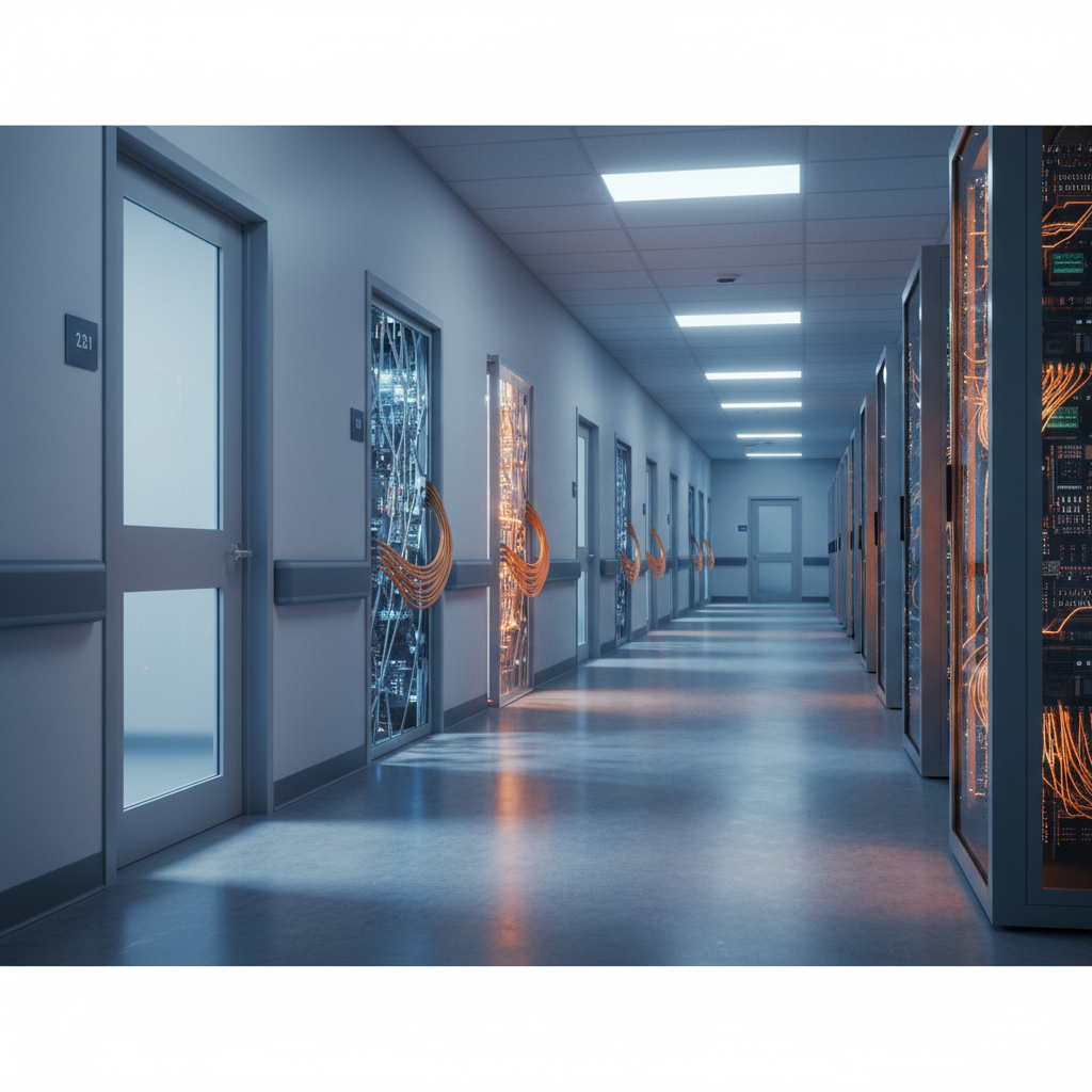 An empty hospital waiting room illuminated by the glow of server racks visible through a glass door.