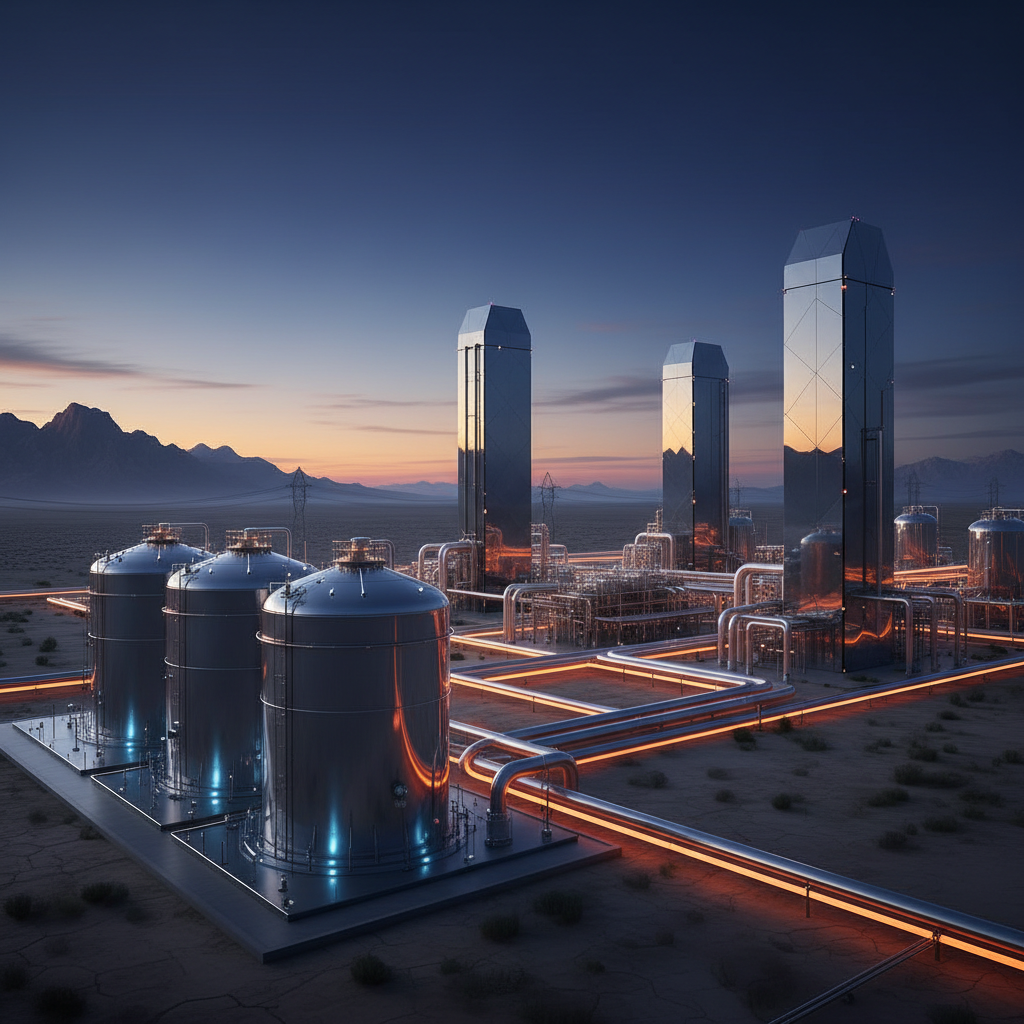 A sprawling, highly modern industrial facility at dusk, featuring massive cylindrical filtration tanks and glowing pipelines, set against an arid desert landscape.