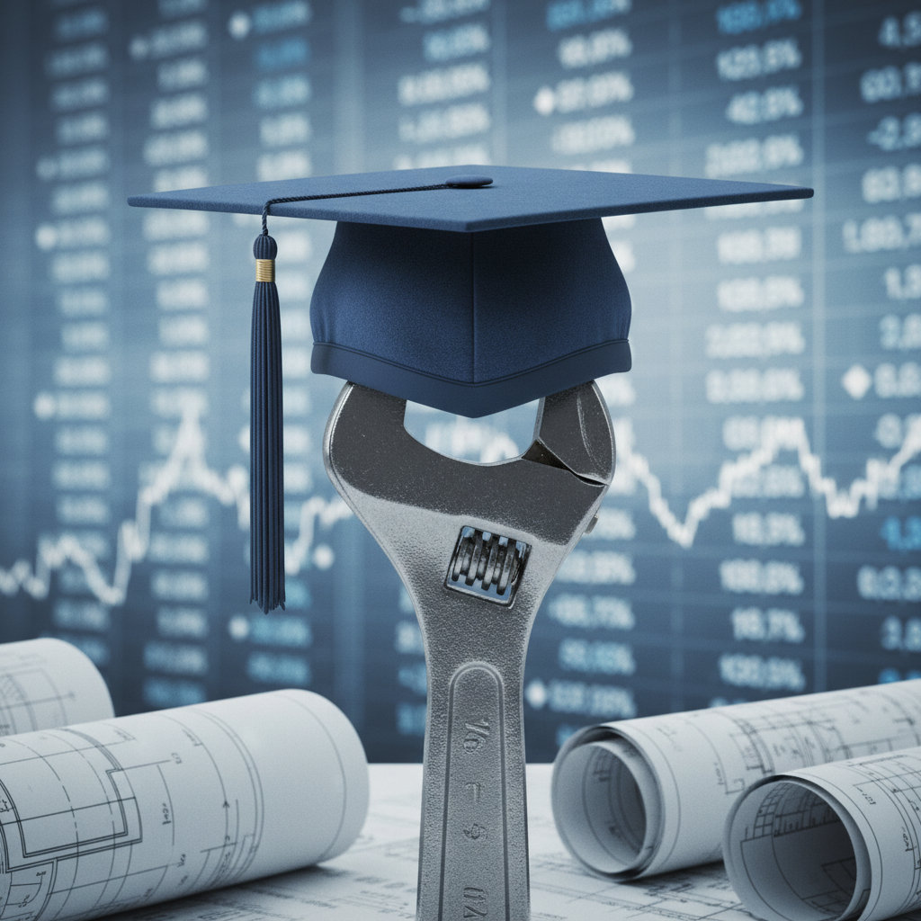 A graduation cap resting on an industrial wrench over financial blueprints