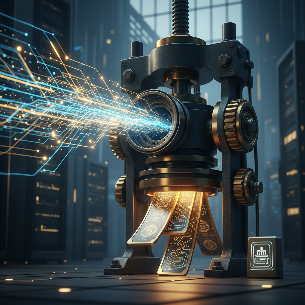 A conceptual illustration of digital software contracts being bundled into financial securities, represented by glowing data streams turning into stacked metallic bonds.