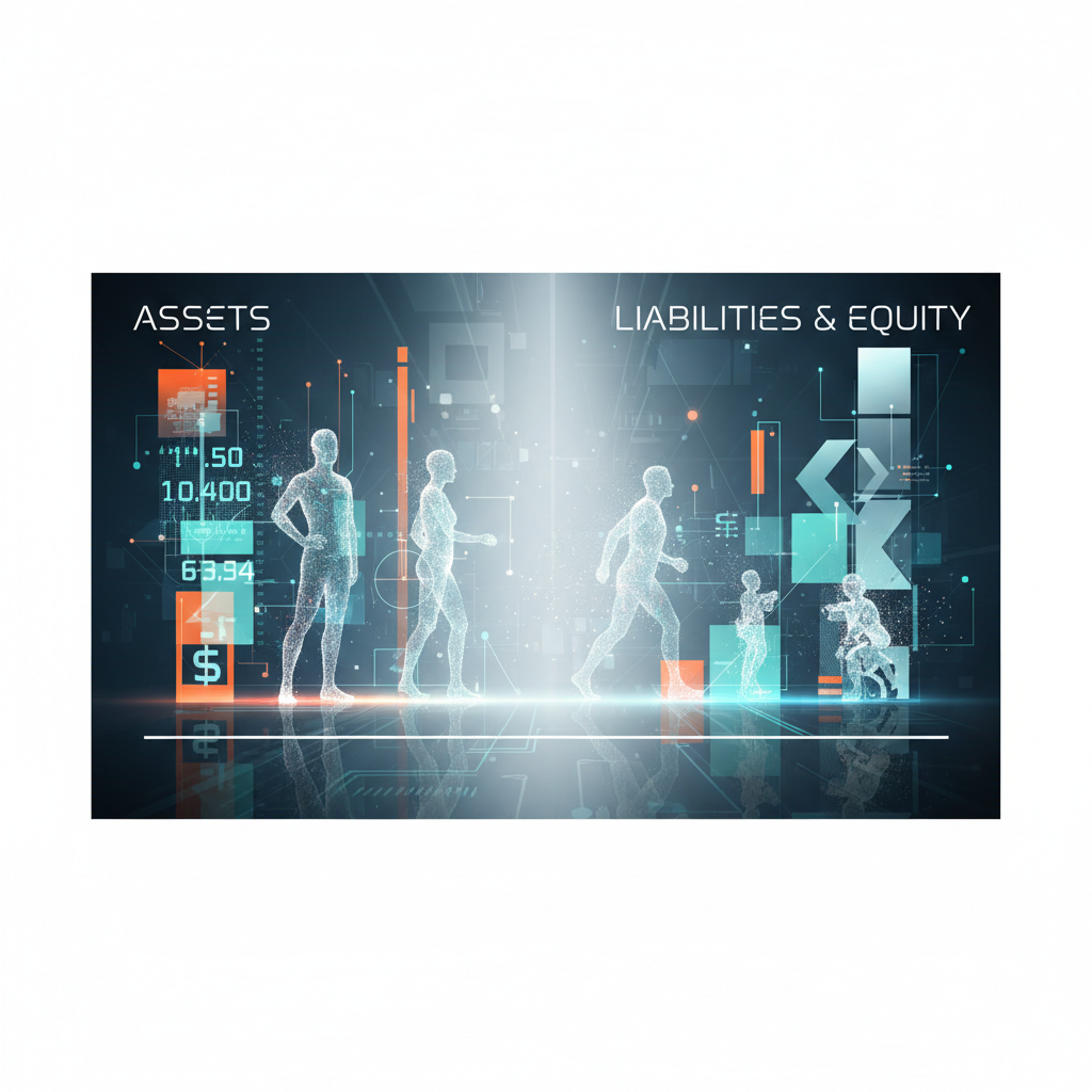 A hyper-realistic editorial illustration showing a traditional balance sheet where the asset column features glowing, digital human silhouettes among financial figures.