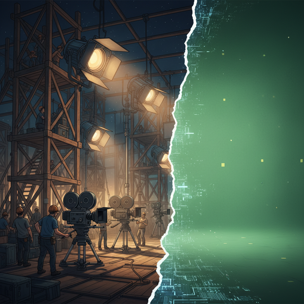 A sprawling, intricate physical movie set being built by dozens of carpenters and lighting technicians, contrasting with a blank green screen.