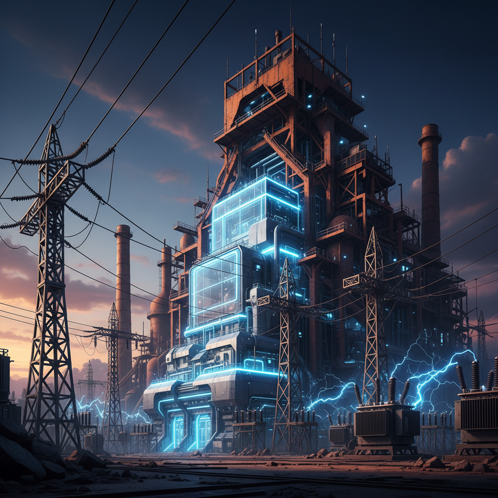 An aerial view of a hyper-modern, glowing manufacturing facility built directly inside the rusted, skeletal remains of an enormous 20th-century steel mill, surrounded by high-voltage power lines.