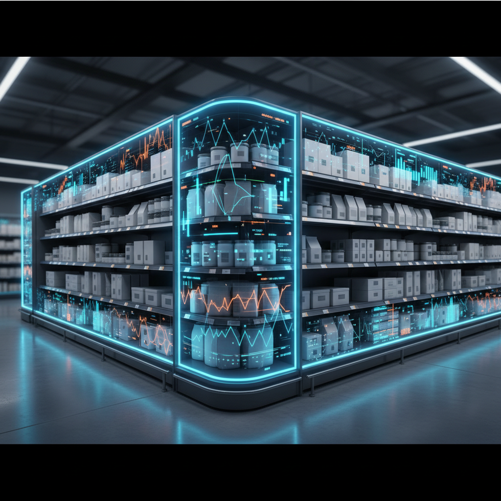 A photorealistic illustration of a modern supermarket aisle where the shelf edges glow with soft, data-driven digital displays, contrasting with the physical produce.