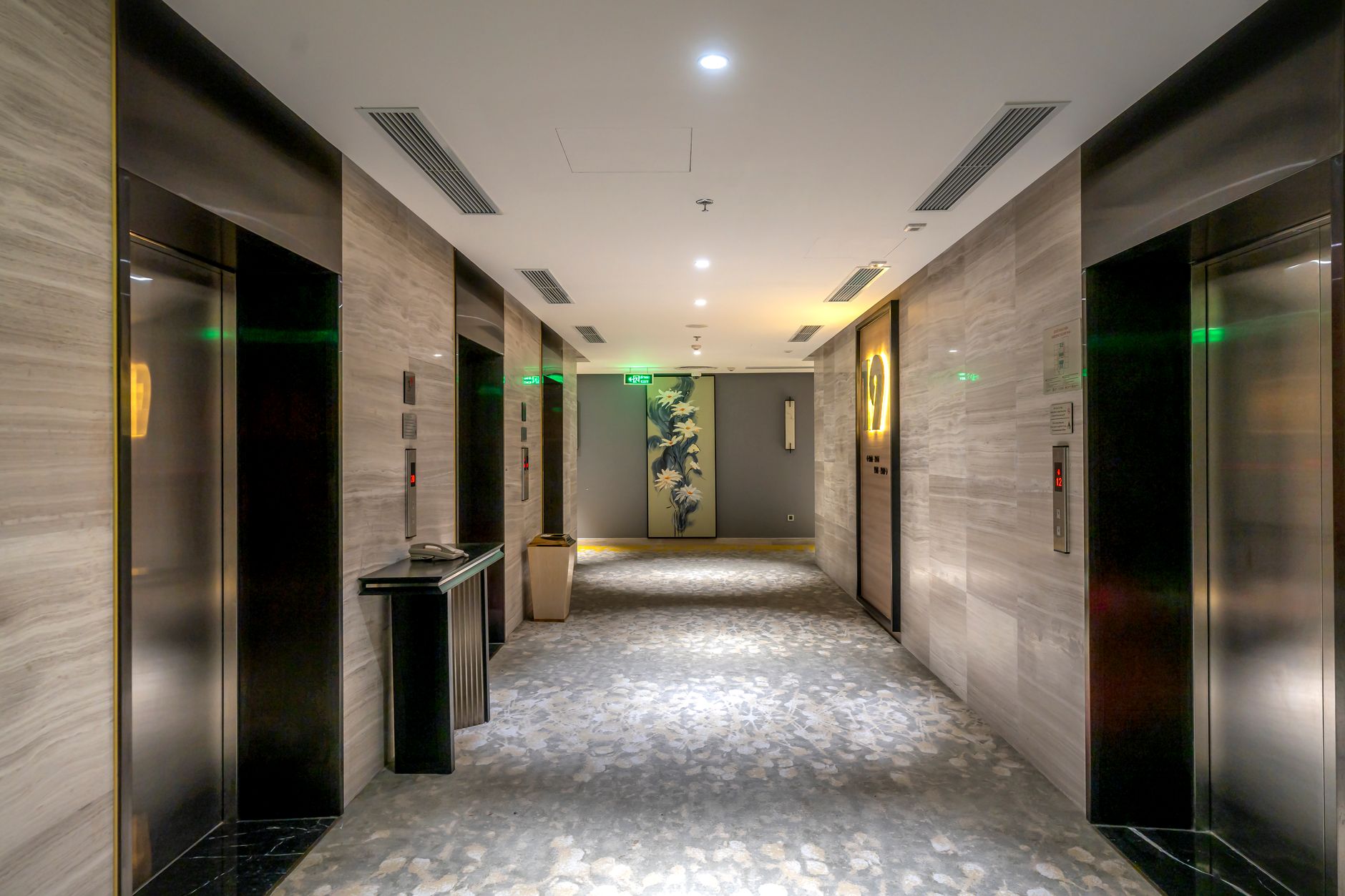 A stylized illustration of a luxury hotel corridor morphing into a stock market ticker tape, with financial graphs projected onto the room doors.